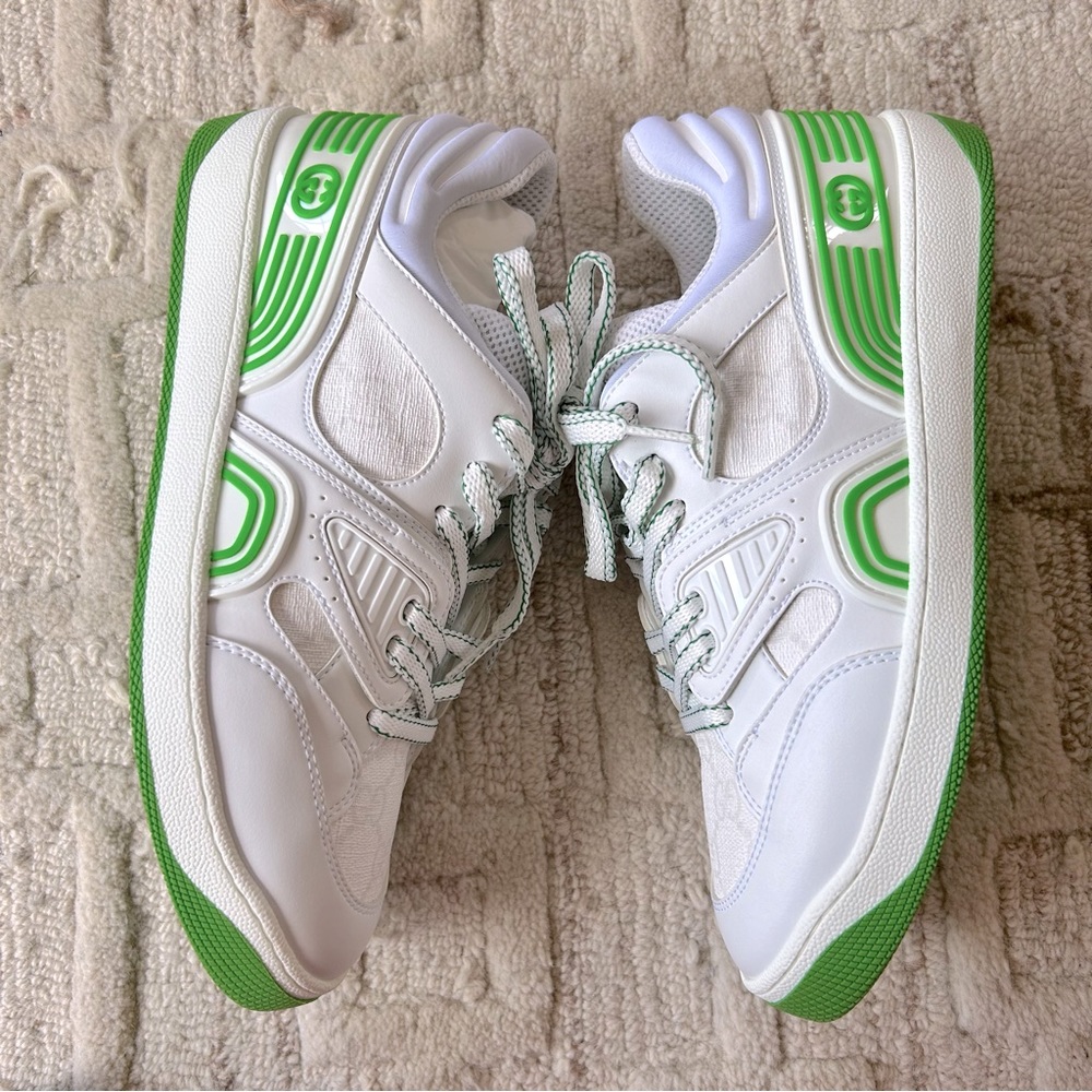 NIB Authentic Gucci GG Plus & Leather Basket Low Top Sneakers White Green 38 - Picture 4 of 9